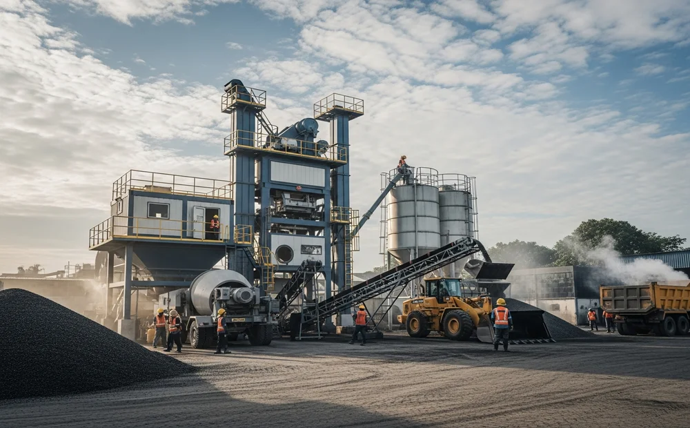 Area produksi pabrik aspal Cikarang yang luas dengan stok material lengkap untuk proyek skala besar.