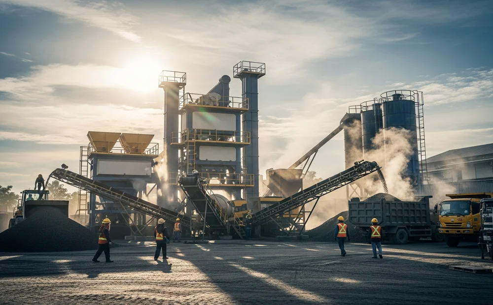 Lokasi strategis pabrik aspal Pandeglang dengan fasilitas mixing plant berkapasitas besar.