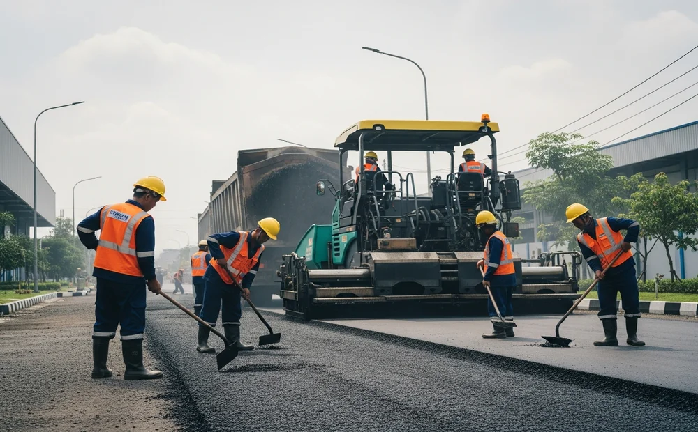 Hasil pengaspalan area parkir pabrik yang rapi dan kuat menahan beban truk logistik menggunakan aspal Cikarang.