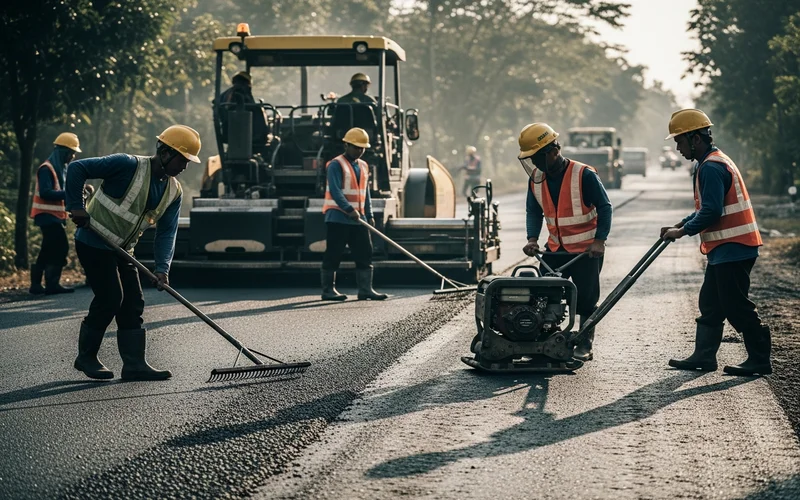 Proses pengaspalan jalan lingkungan di pedesaan Majalengka agar akses warga lancar.