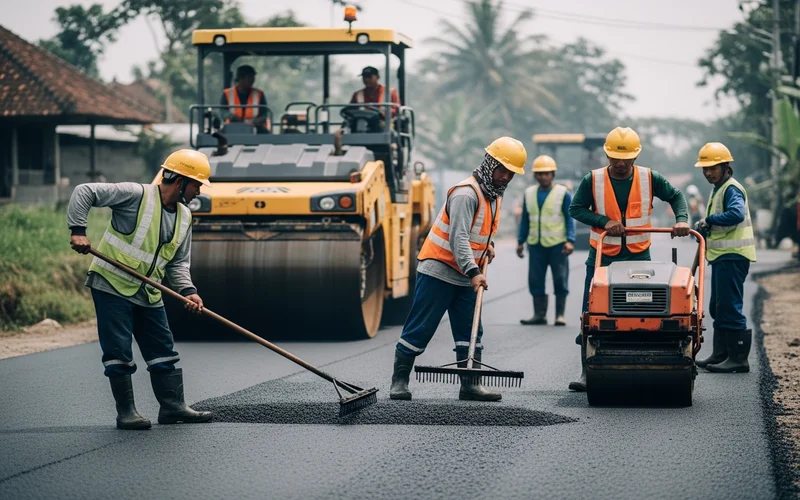 Tim jasa pengaspalan Yogyakarta sedang bekerja meratakan aspal hotmix di jalan perumahan.