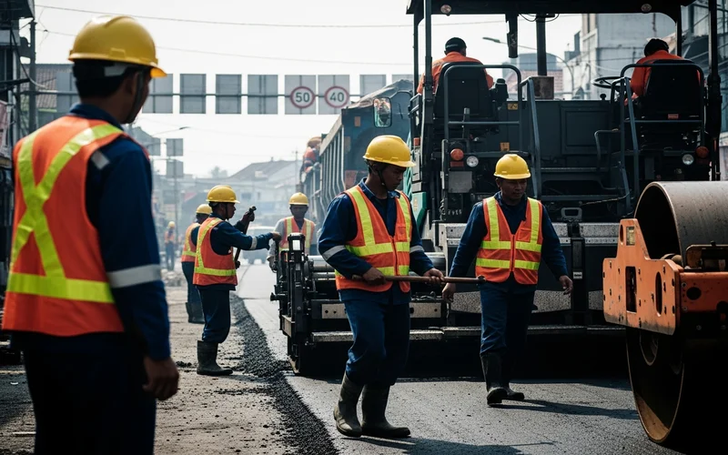 Tim jasa pengaspalan Cikarang sedang mengerjakan jalan akses di area industri Jababeka.