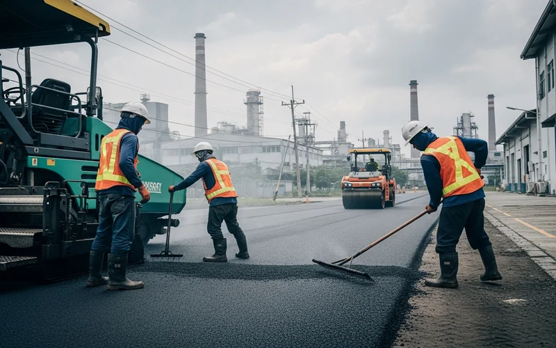 Proses pengaspalan halaman pabrik di kawasan industri Cikarang dengan aspal hotmix.