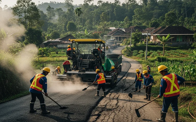Proses perbaikan jalan pedesaan di Cilegon menggunakan alat berat oleh jasa pengaspalan.