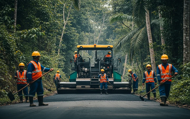 Tim jasa pengaspalan Pandeglang sedang mengerjakan perbaikan di jalan alternatif untuk akses warga.
