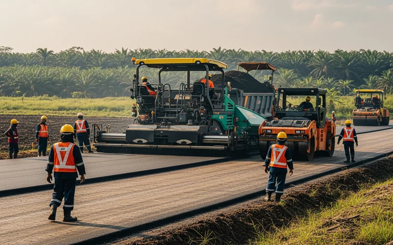 Tim jasa pengaspalan Karawang sedang melakukan perbaikan jalan yang berlokasi di dekat kebun sawit Karawang.