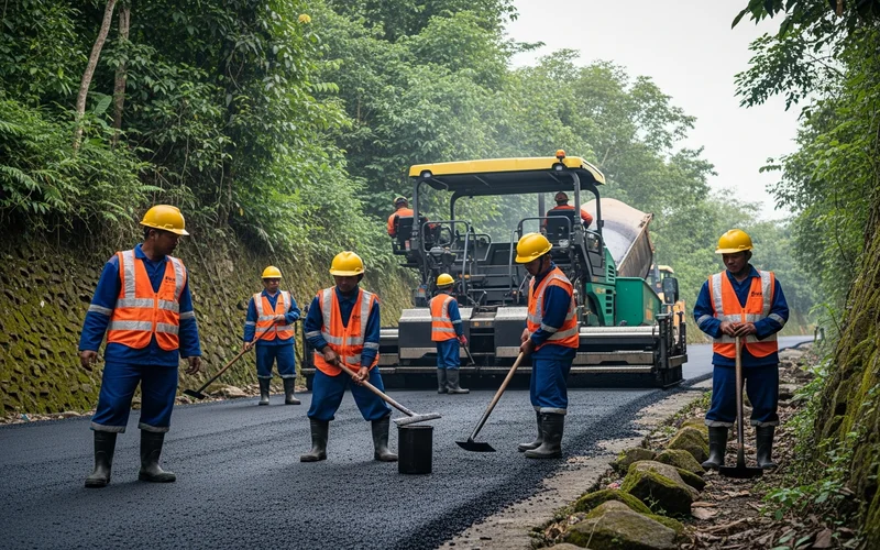Proses perbaikan jalan oleh jasa pengaspalan Pandeglang di akses menuju area wisata.