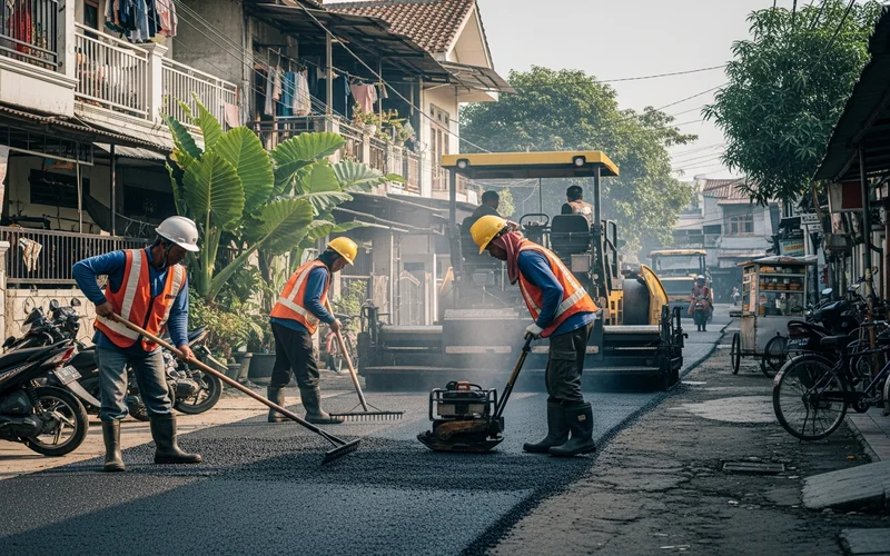 Perbaikan jalan di pemukiman padat Tangerang oleh Jasa Pengaspalan Tangerang