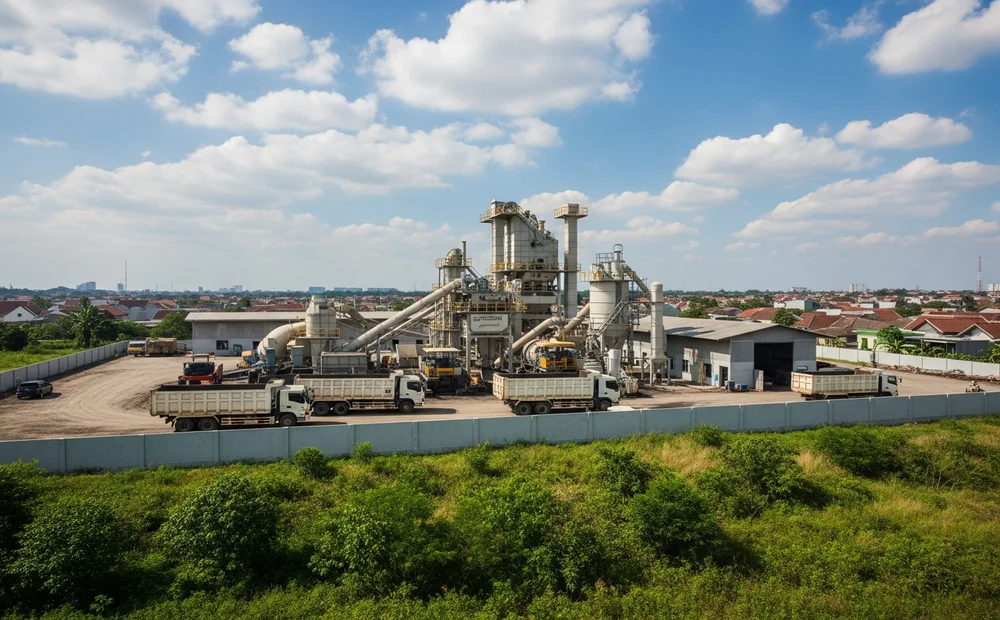 Tampak depan fasilitas pabrik aspal Majalengka modern dengan area produksi luas siap melayani proyek besar.
