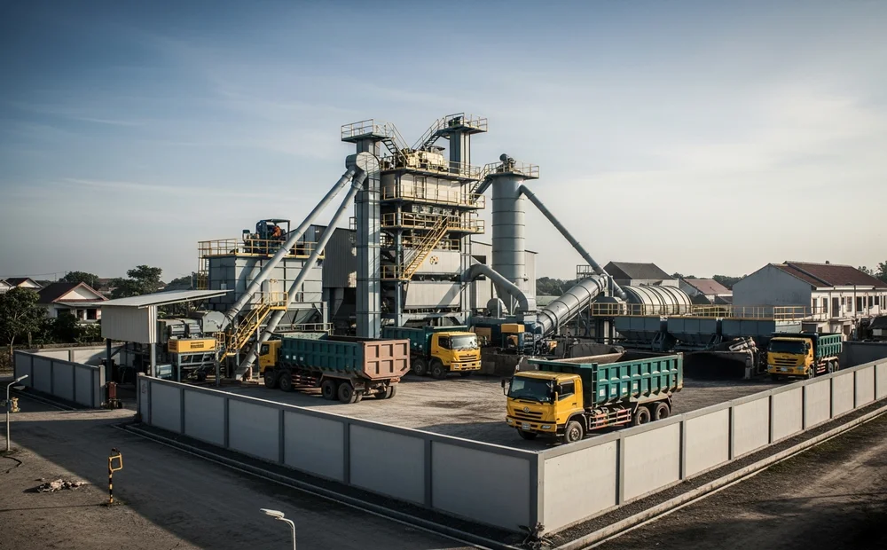 Pabrik tempat produksi aspal dengan peralatan modern dan pengiriman terjaga