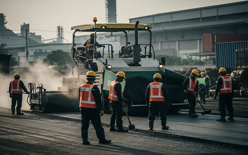 Proses pengaspalan area loading dock pabrik di Subang dengan aspal hotmix khusus beban berat.