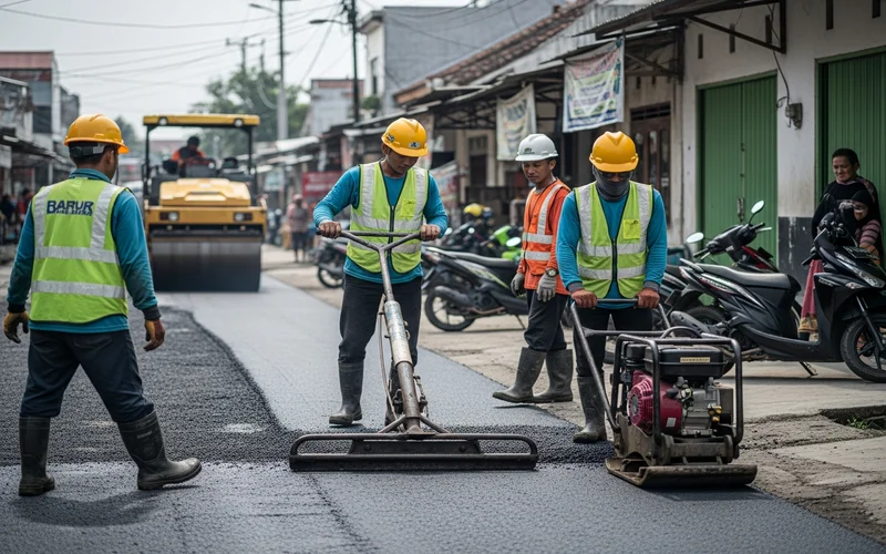 Proses pemadatan aspal oleh tim jasa pengaspalan profesional di Rangkasbitung untuk hasil yang kokoh