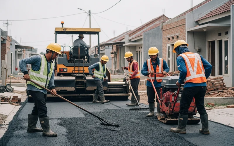 Proses pengaspalan jalan lingkungan perumahan di Serang agar bebas becek.
