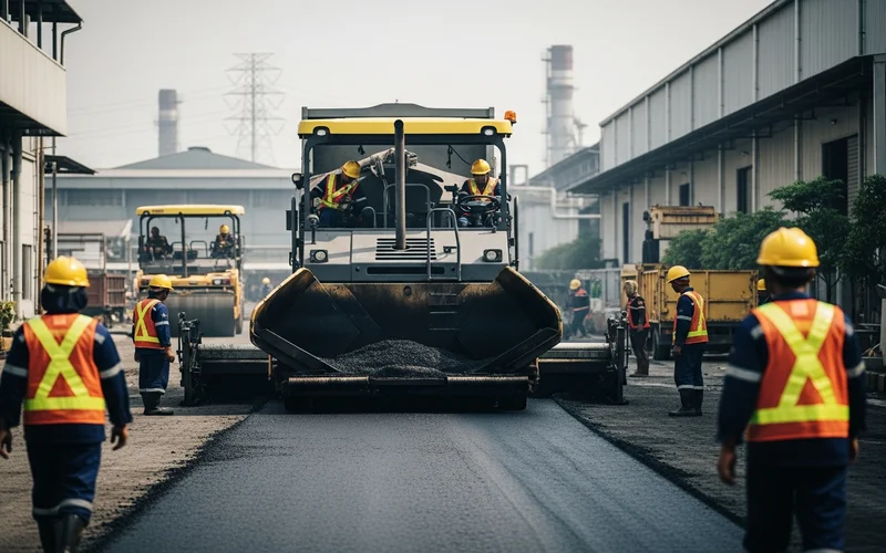 Proses pengaspalan jalan akses truk di kawasan industri menggunakan aspal hotmix berkualitas.