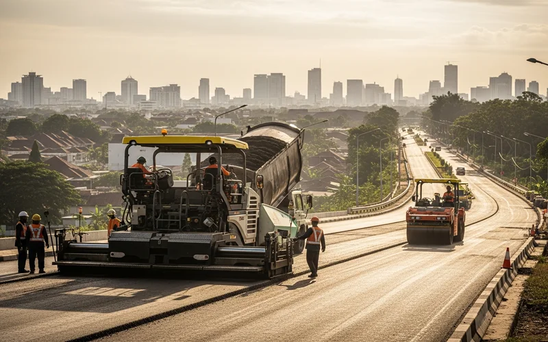 Tim jasa pengaspalan Serang sedang mengerjakan perbaikan jalan raya provinsi.