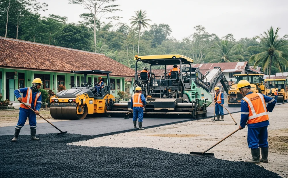 Kondisi jalan akses balai desa yang kini kuat dan kokoh setelah menggunakan hotmix pabrik aspal Pandeglang.