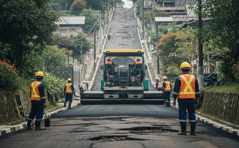Perbaikan jalan area komplek pemukiman di Jakarta dengan menggunakan aspal dari pabrik aspal Jakarta.