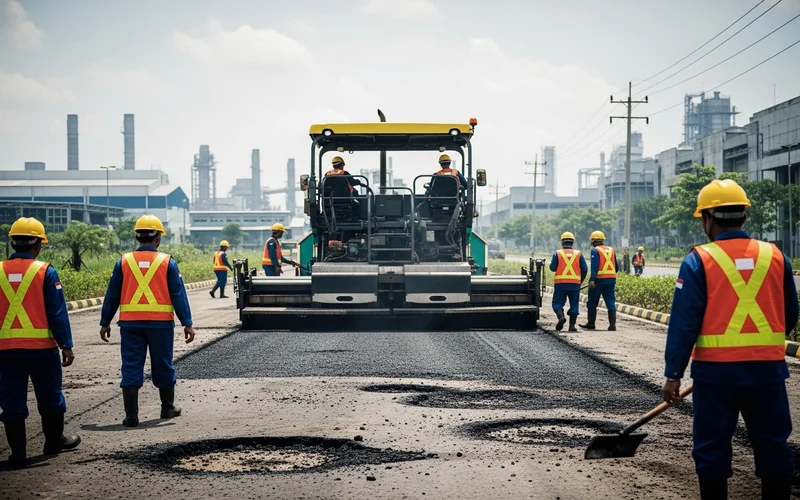 Perbaikan jalan berlubang di Cirebon oleh tim jasa pengaspalan profesional.
