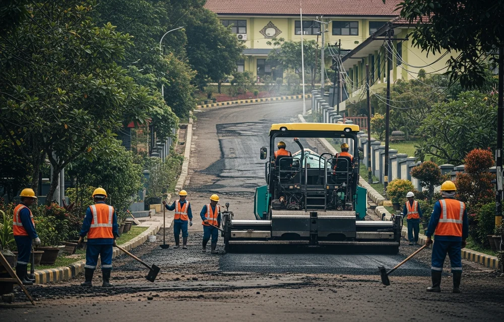 Perbaikan jalan area sekolahan yang rusak dan berlubang.