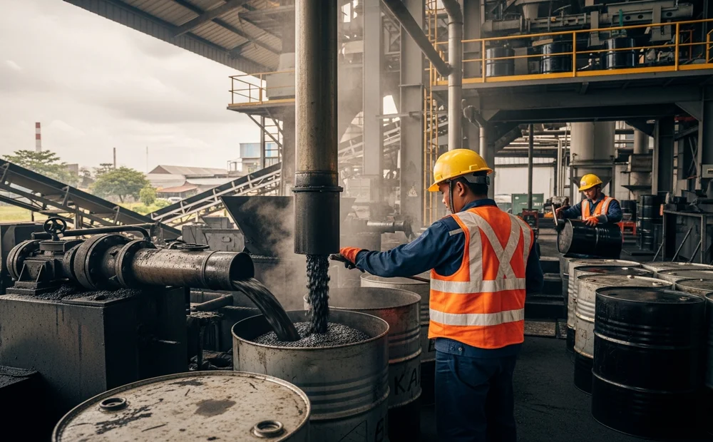 Proses pencampuran aspal hotmix di pabrik Cirebon menggunakan mesin otomatis berteknologi terkini.