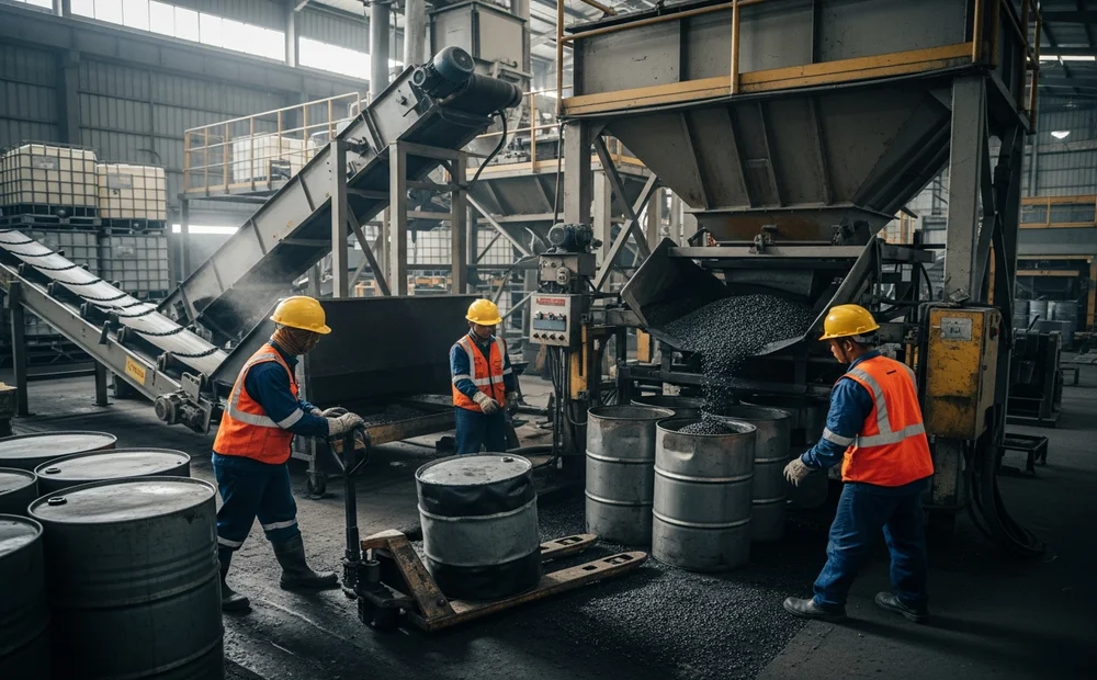Aktivitas operator mesin pabrik aspal Pandeglang memastikan campuran aspal sesuai spesifikasi teknis.