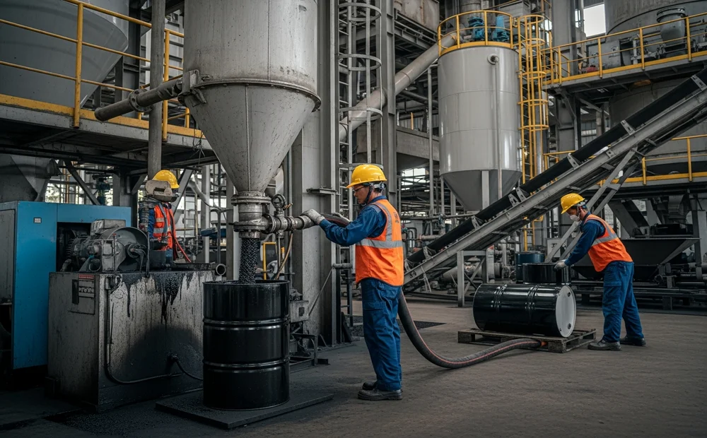 Mesin produksi pabrik aspal Semarang bekerja optimal menghasilkan campuran hotmix berkualitas tinggi.