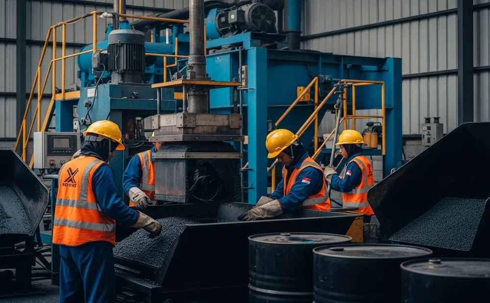 Proses produksi aspal di pabrik aspal Sukabumi untuk suplai proyek pengaspalan di Cilegon