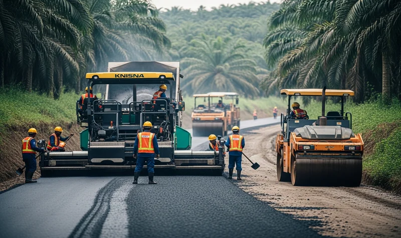 Proses penambalan dan perataan aspal oleh jasa perbaikan jalan yang ahli.