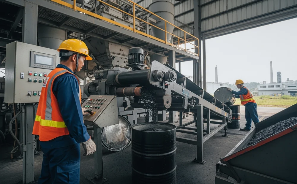 Proses produksi aspal di pabrik aspal Sukabumi untuk menyuplai proyek pengaspalan jalan di Sukabumi