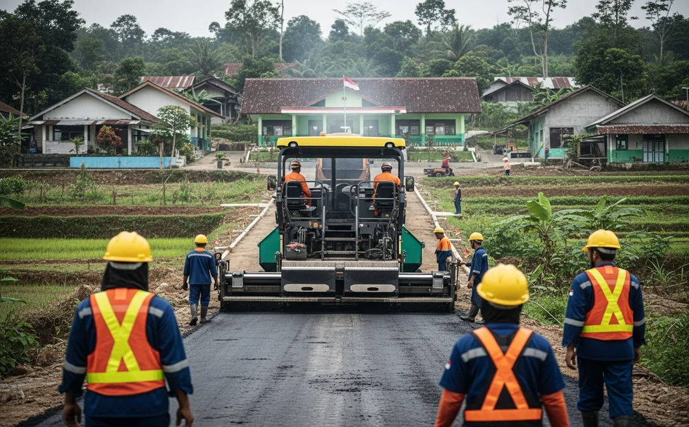 Proses pengaspalan jalan di Cilegon menggunakan suplai aspal dari pabrik aspal Cilegon