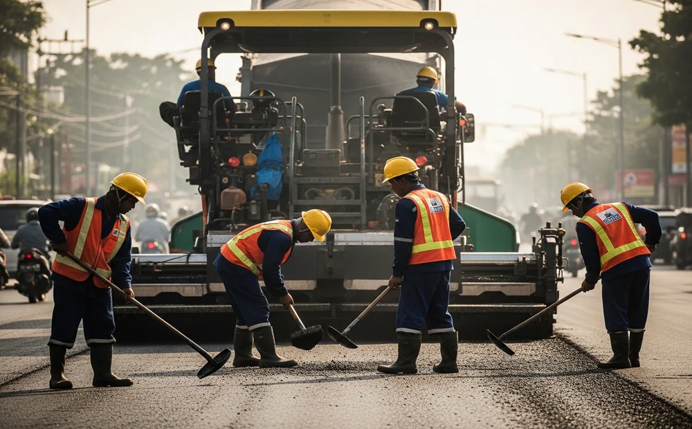 Proses pengaspalan jalan dengan menggunakan material aspal dari pabrik aspal Bekasi