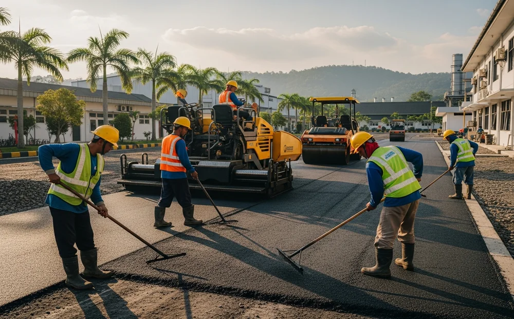 Pengaspalan jalan di area industrial Tangerang menggunakan aspal dari pabrik aspal Tangerang dengan kualitas aspal terbaik.