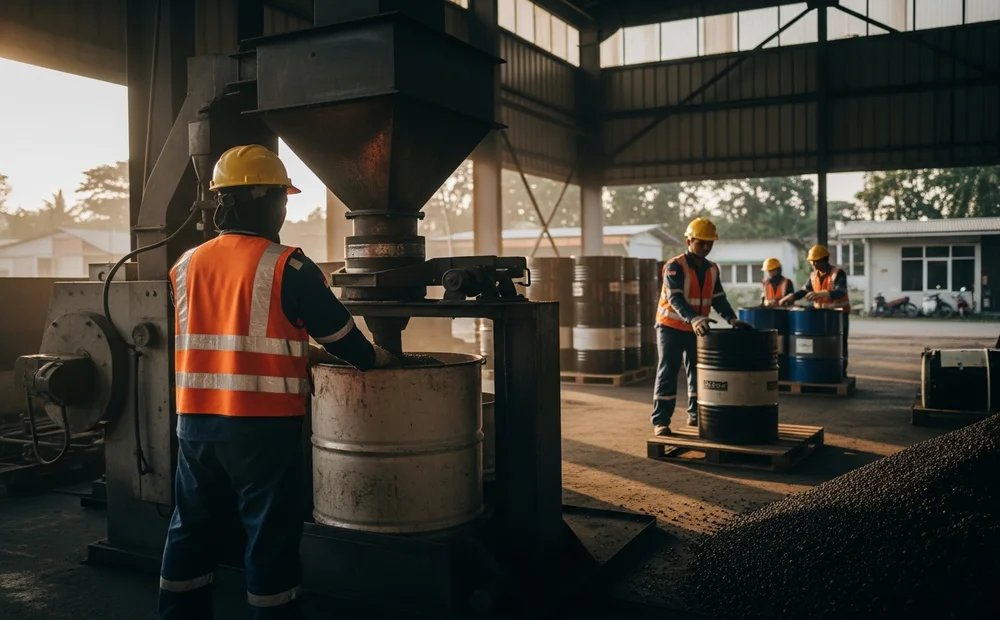 Pengisian aspal panas langsung ke dump truck dari mesin produksi pabrik aspal Majalengka agar suhu terjaga.