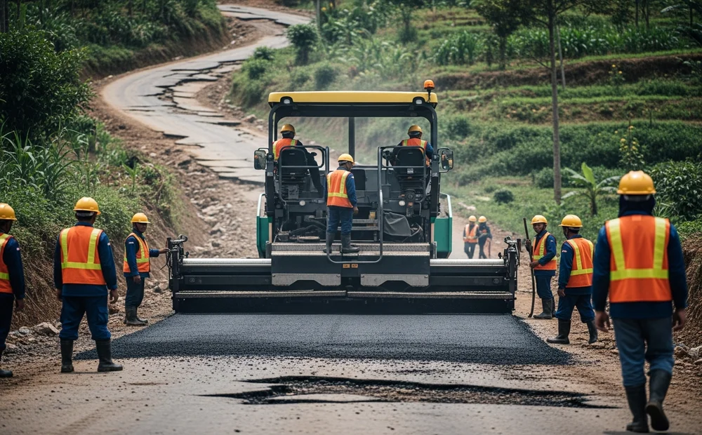 Permukaan jalan aspal hotmix yang kuat dan awet menahan beban kendaraan berat hasil produksi Majalengka.