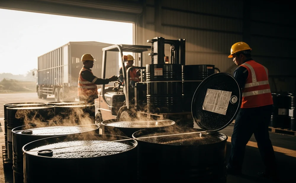 Aktivitas produksi aspal hotmix di pabrik aspal Bekasi untuk suplai proyek infrastruktur jalan.