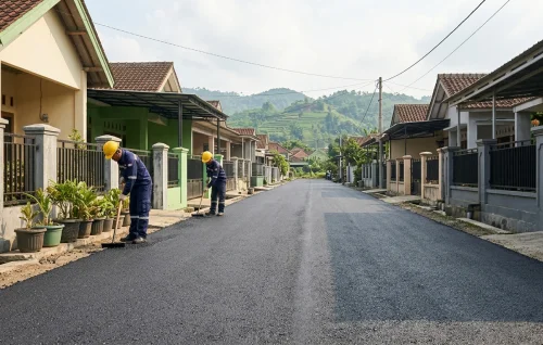 Hasil akhir pengaspalan jalan oleh jasa pengaspalan sumedang dengan permukaan aspal hotmix yang rata dan rapi.