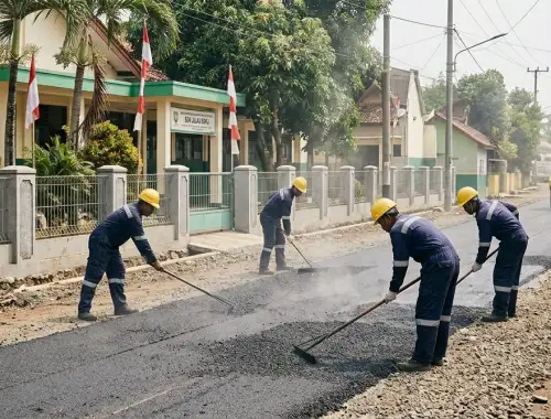 Jasa pengaspalan Sumedang sedang menghampar dan meratakan aspal hotmix di jalan sekitar lingkungan sekolah di Sumedang.