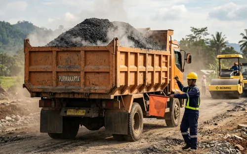 Material hotmix berkualitas tiba di lokasi proyek jasa pengaspalan Purwakarta dalam kondisi suhu ideal