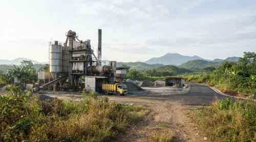 Pabrik aspal Purwakarta dengan asphalt mixing plant dilihat dari kejauhan