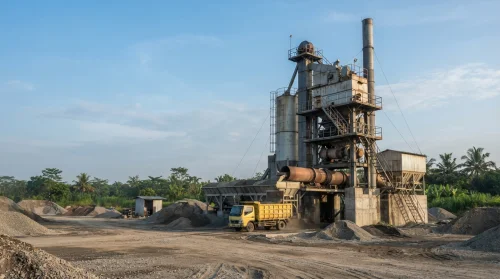 Pabrik aspal Purwakarta dengan seluruh struktur AMP terlihat dari jarak dekat