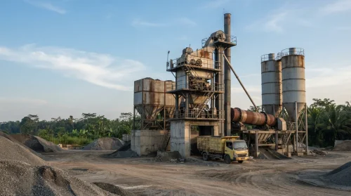 Pabrik aspal Purwakarta dilihat dari samping dengan seluruh AMP terlihat utuh