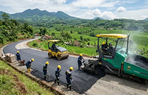 Proses pengaspalan jalan kabupaten di Sumedang dengan alat berat oleh jasa pengaspalan sumedang