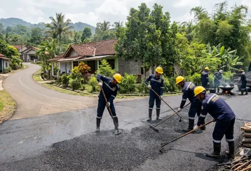 Proses penghamparan aspal hotmix di jalan desa Sumedang oleh jasa pengaspalan sumedang
