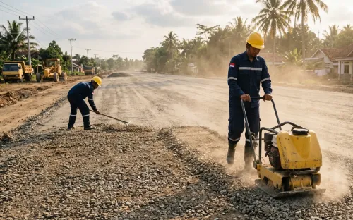 Proses persiapan lahan dan pemadatan base course sebelum penghamparan aspal hotmix di Purwakarta